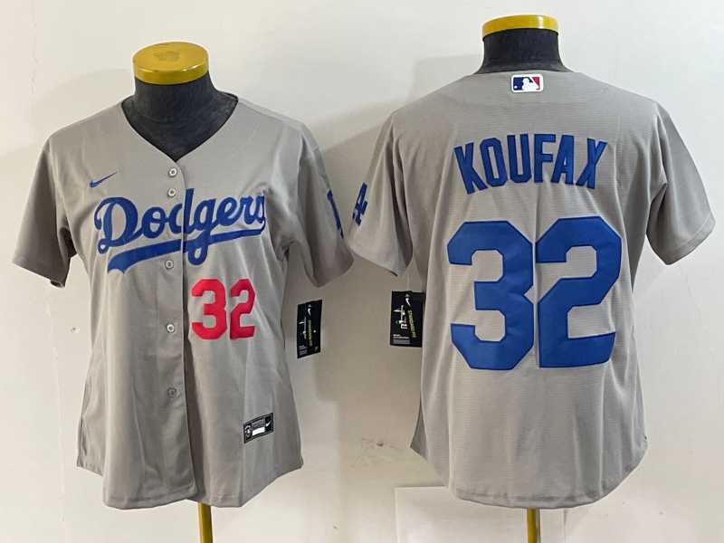 Womens Los Angeles Dodgers #32 Sandy Koufax Number Grey Cool Base Stitched Jersey->mlb womens jerseys->MLB Jersey
